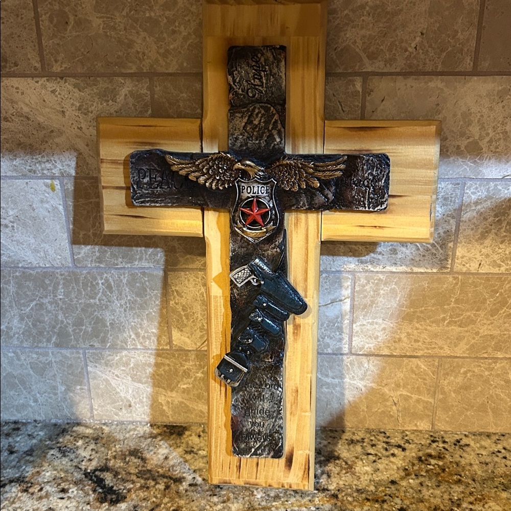 Cross, Handmade Wooden cross Peace, Grace, Police Design, 14 1/2” x 9 1/2” - Picture 4 of 8